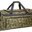 A camouflage duffle bag with green, brown, and black camo pattern, featuring black handles and trim, shown on a plain white background.