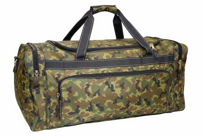 A camouflage duffle bag with green, brown, and black camo pattern, featuring black handles and trim, shown on a plain white background.