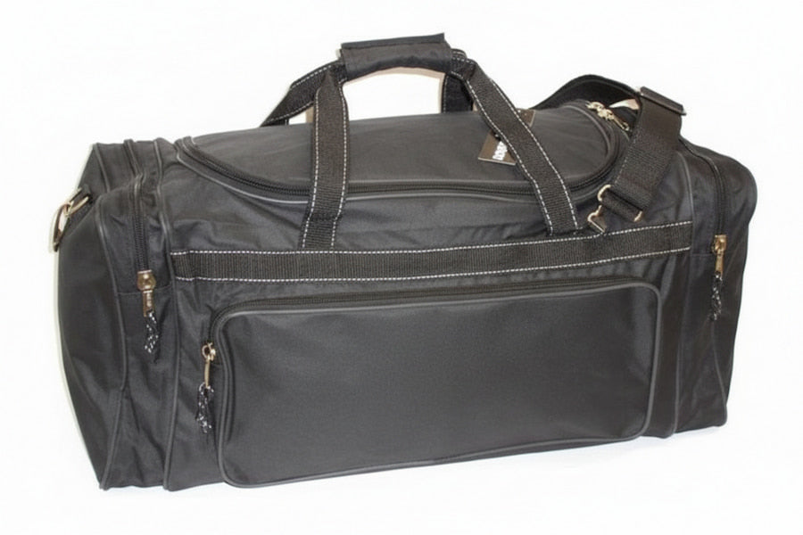 A black nylon duffel bag with multiple zippered pockets, dual top handles, and a detachable shoulder strap, shown against a plain white background.
