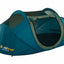 Blue camping tent with gray accents and OZtrail logo on a white background