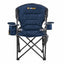 Blue camping chair with cup holders and Oztrail logo on a white background