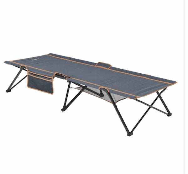 Foldable camping cot with orange accents on a white background