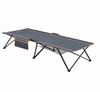 Foldable camping cot with orange accents on a white background
