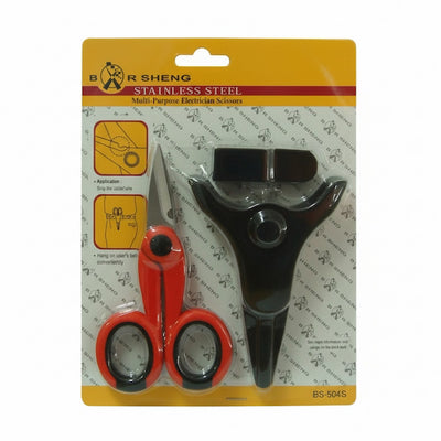 A multi-purpose electric nail scissors set by BAR SHENG, containing red-handled scissors and a black metal nail file, packaged on a yellow and white cardboard backing.