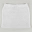 A white open-knit mesh mini skirt with an elastic waistband, shown flat against a solid light gray background.