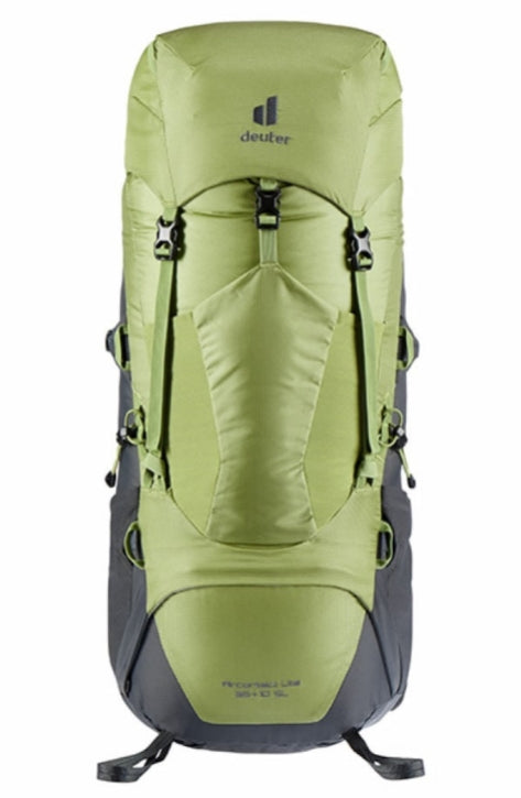 A Deuter hiking backpack in olive green and dark gray, shown from the front against a plain white background.