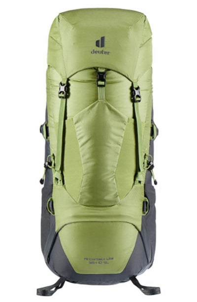 A Deuter hiking backpack in olive green and dark gray, shown from the front against a plain white background.