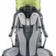 The back view of a large hiking backpack, featuring a lime green top compartment, gray and black padded shoulder straps, and a gray hip belt with buckles, shown against a plain white background.