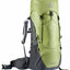 A Deuter hiking backpack in olive green and dark gray, shown from a three-quarter front view against a plain white background.