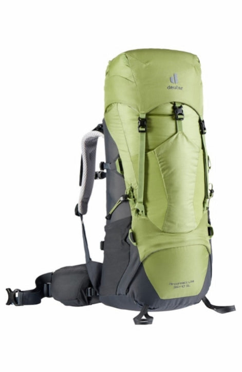 A Deuter hiking backpack in olive green and dark gray, shown from a three-quarter front view against a plain white background.