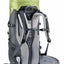 A hiking backpack shown from the back, featuring a lime green top compartment, dark gray mesh and fabric body, and light gray padded shoulder straps and hip belt.