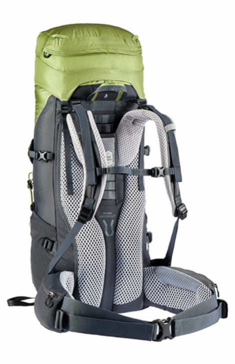 A hiking backpack shown from the back, featuring a lime green top compartment, dark gray mesh and fabric body, and light gray padded shoulder straps and hip belt.