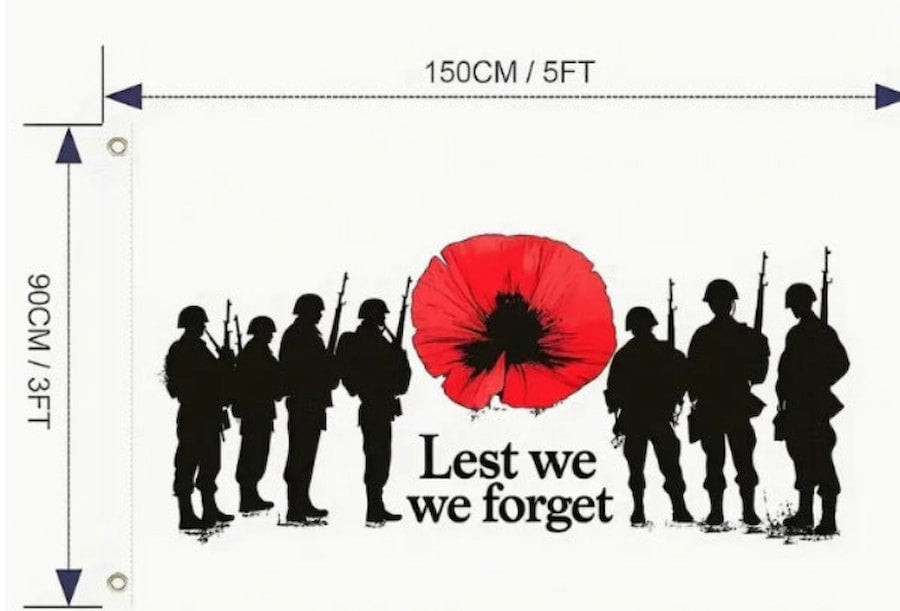 Memorial design with silhouettes of soldiers and a red poppy, featuring the text 'Lest we forget'.