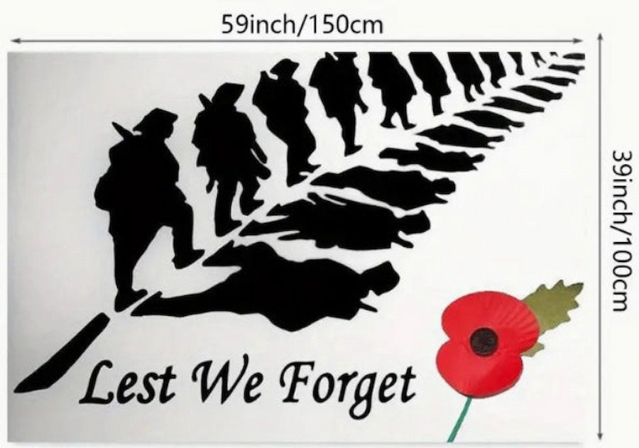 Decorative wall art with silhouettes of soldiers, a poppy flower, and 'Lest We Forget' text on a white background.