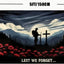 Silhouette of a soldier with a rifle at a cross in a field of red poppies with 'Lest We Forget' text, set against a mountainous landscape.