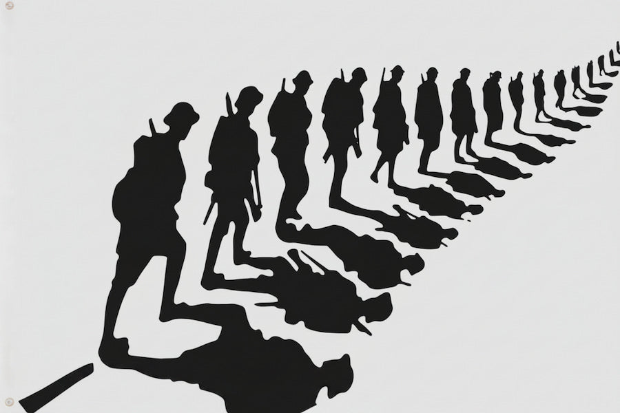 Silhouette of soldiers in a line with fallen comrades on a white background