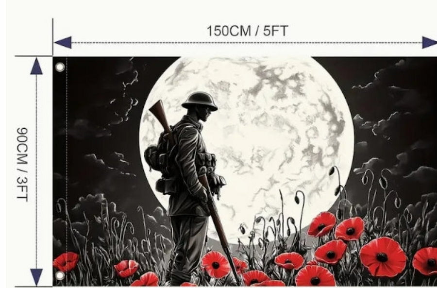 Framed artwork of a soldier with a rifle standing in a field of poppies under a moonlit sky, with dimensions indicated.