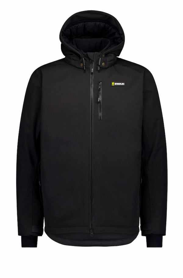 Black jacket with a brand logo on a white background