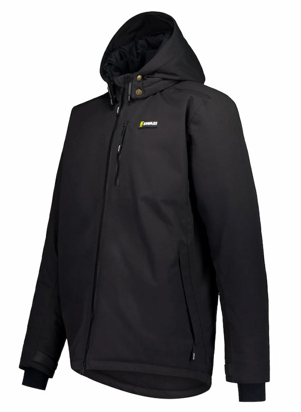 Black jacket with a brand logo on a white background