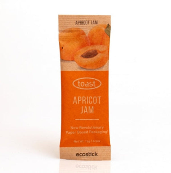 Packaged apricot jam with 'toast' branding on a white background