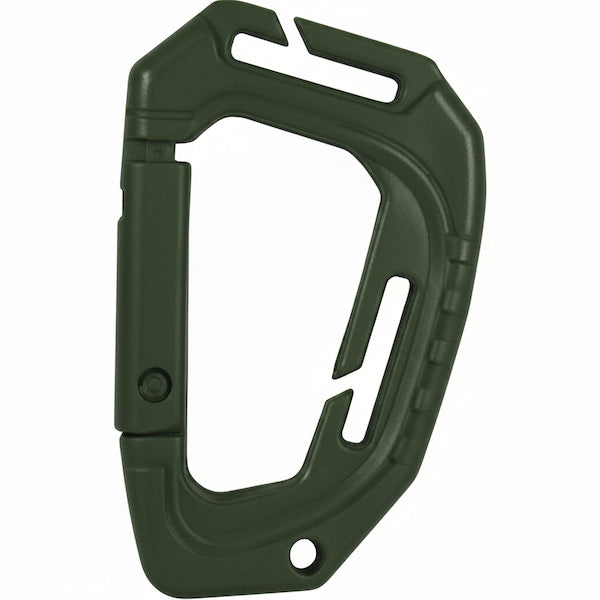Green carabiner on a white background