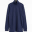 A navy blue long-sleeve quarter-zip mock neck pullover hanging on a black hanger against a plain white background.
