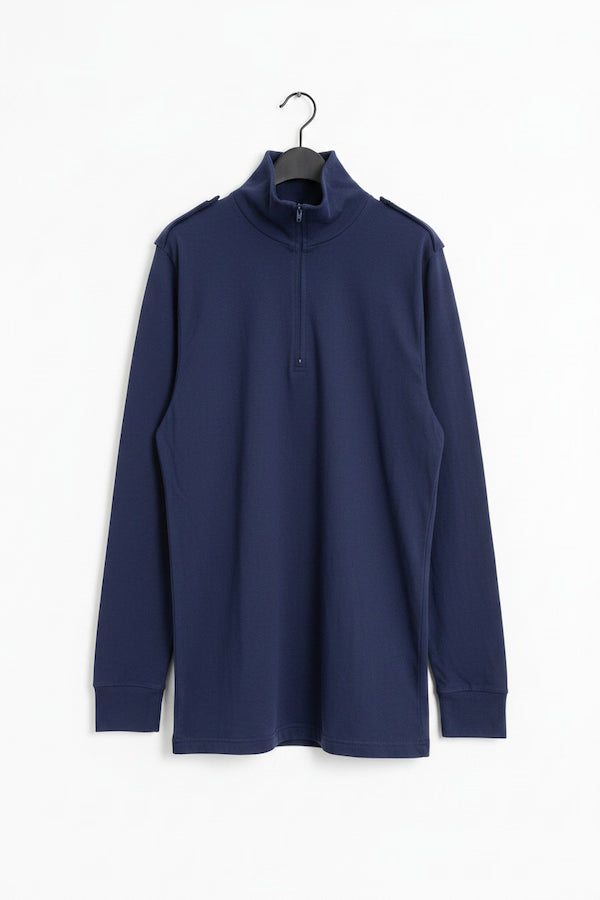 A navy blue long-sleeve quarter-zip mock neck pullover hanging on a black hanger against a plain white background.