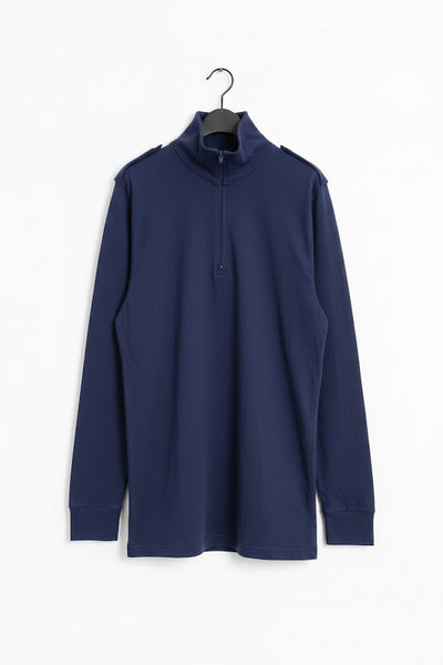 A navy blue long-sleeve quarter-zip mock neck pullover hanging on a black hanger against a plain white background.