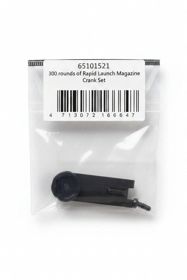 A small black crank set inside a clear plastic bag with a white label that reads '65101521 300 rounds of Rapid Launch Magazine Crank Set' and includes a barcode, photographed on a white background.