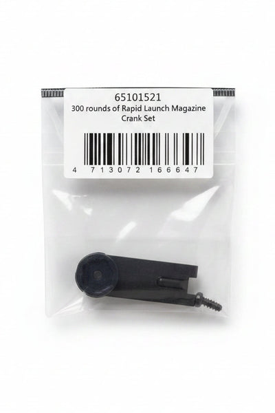 A small black crank set inside a clear plastic bag with a white label that reads '65101521 300 rounds of Rapid Launch Magazine Crank Set' and includes a barcode, photographed on a white background.