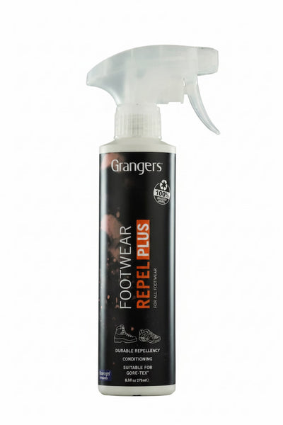 A bottle of Grangers Footwear Repel Plus durable repellency conditioning spray, featuring a black label with white and orange text, on a solid white background.