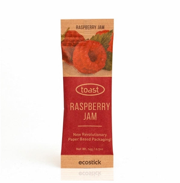 Packaged raspberry jam stick with 'toast' branding on a white background