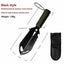 Multifunctional outdoor hand shovel with black handle and blade, shown with measurements and weight on a white background.