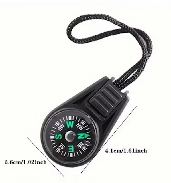 Black compass with measurement details on a white background