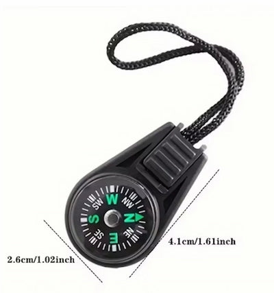Black compass with measurement details on a white background