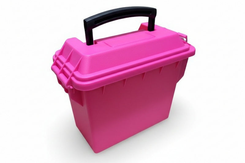 Pink storage box with a black handle on a white background