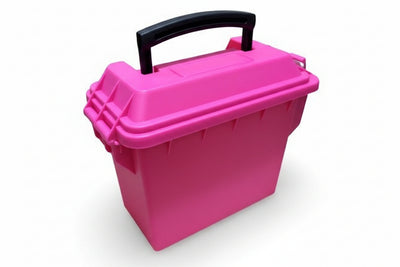 Pink storage box with a black handle on a white background