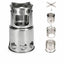 Stainless steel camping stove with disassembled parts on a white background