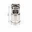 Stainless steel camping stove with dimensions on a white background