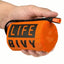 Orange 'LIFE BIVY' bag held in a hand against a white background
