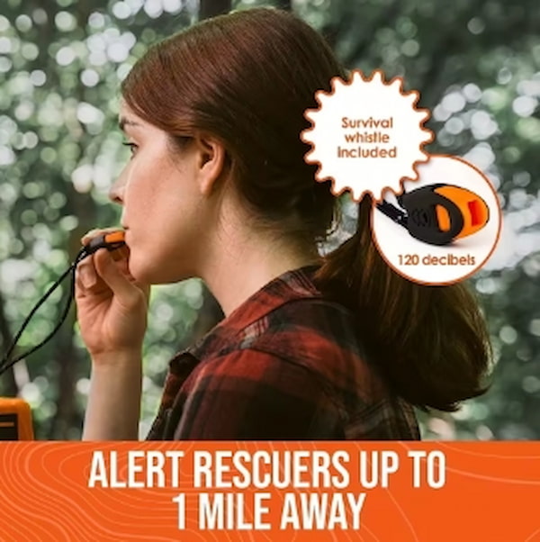 Woman using a survival whistle in a forest with text highlighting its range and decibel level.