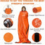 Orange emergency blanket with features highlighted on a white background