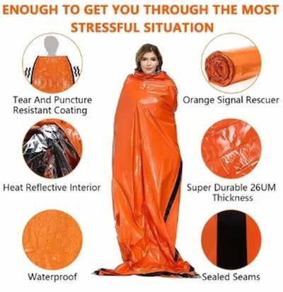 Orange emergency blanket with features highlighted on a white background