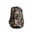 A backpack in a realistic tree bark camouflage pattern, featuring a green and white 'Realtree' logo patch on the front pocket, set against a plain white background.