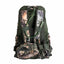 A camouflage backpack shown from the back on a plain white background, featuring a green hydration tube and dark green straps.