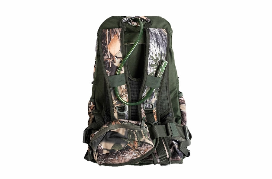 A camouflage backpack shown from the back on a plain white background, featuring a green hydration tube and dark green straps.