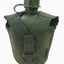 Green military canteen with carrying strap on a white background