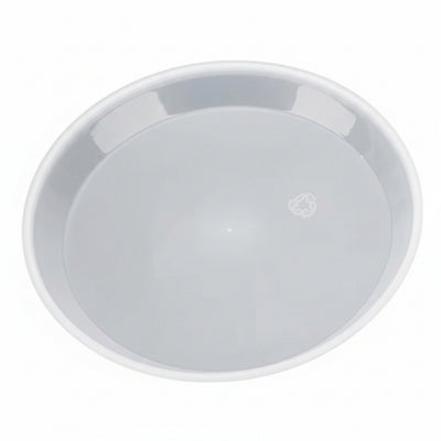 A round, shallow white plastic bowl or dish shown from a top-down perspective on a clean white background.