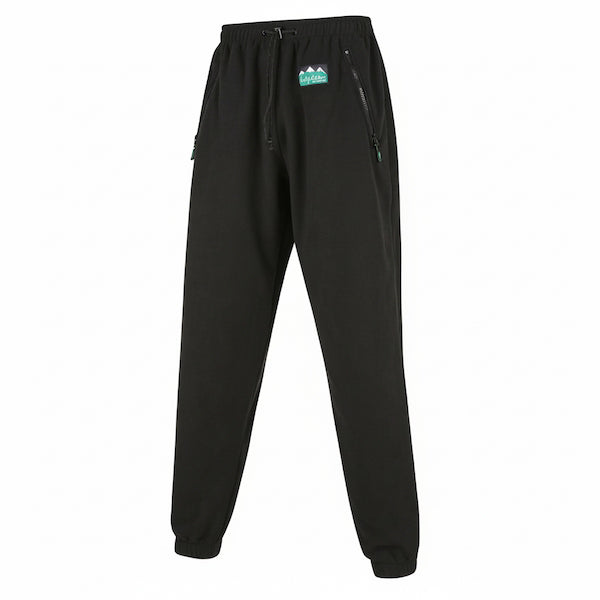 Black fleece jogger pants with an elastic drawstring waist, zippered side pockets, and a small green and white logo patch on the left hip.