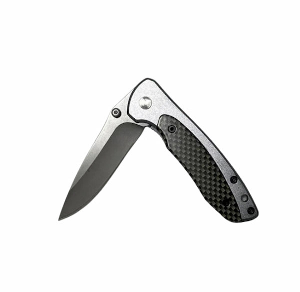 Folding knife with carbon fiber handle on a white background